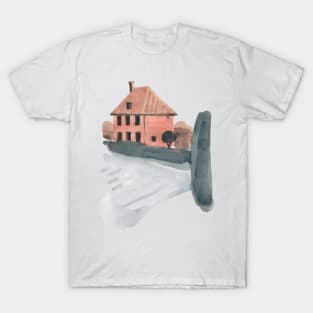 Brick house on a bright street. Watercolor Sketch. T-Shirt